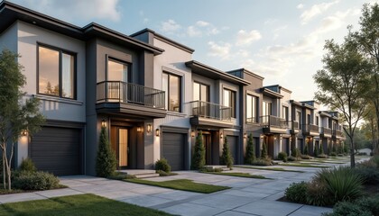 Modern townhomes complex presents sleek designs. Suburban homes stand in neat rows with manicured lawns. Chic urban living spaces display style, sophistication in residential neighborhood.