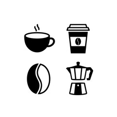 Obraz premium Set of black and white coffee icons — minimal vector illustrations of a coffee cup, bean, moka pot, and takeaway cup for café branding and beverage graphics