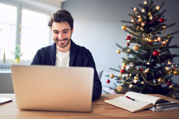 Smiling freelancer at home working on laptop during Christmas season