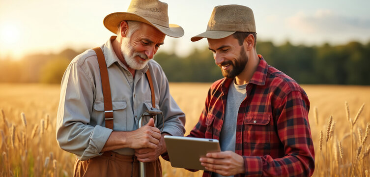Two farmers analyze crop data on tablet in wheat field. Senior and young men monitor harvest, using tech. Agronomists work with digital tech for smart agriculture. - Powered by Adobe