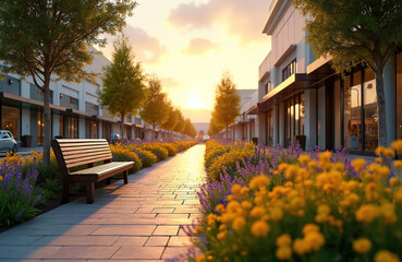 Obraz premium Modern shopping center buildings line street with many green trees, shrubs. Colorful flowers bloom next to long paved pathway. Warm sunset light gently glows on empty bench. Urban commercial area
