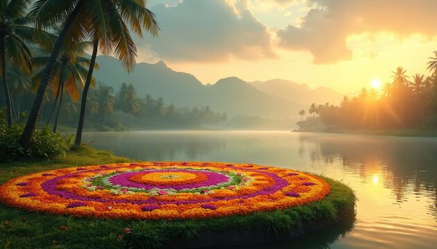 Circular flower carpet adorns grassy bank next to calm lake. Palm trees line distant misty hills under golden sunrise sky. Peaceful Kerala landscape.