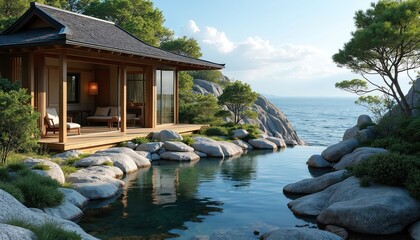 Traditional Japanese house with rock garden sits by calm ocean. Reflecting pond mirrors blue sky, clouds and green trees. Peaceful coastal view promotes relaxation.