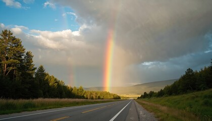 Obraz premium Vivid rainbow arcs over road flanked by evergreen trees, grassy fields after rain shower. Sky shows dramatic clouds with sunlight breaking through, illuminating landscape. Scene offers sense of hope,
