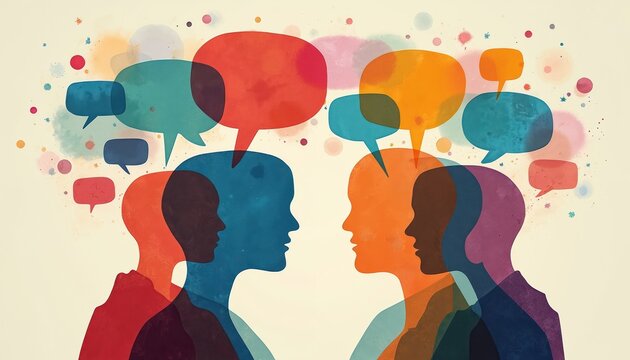 Abstract people silhouettes with colorful speech bubbles overhead. Represent diverse communication, ideas. Minds connect sharing thoughts in varied languages. Art shows understanding across cultures.
