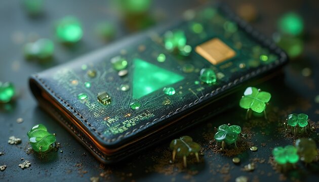 Futuristic digital wallet combines tech circuits with glowing green eco symbols. Innovative eco-friendly finance concept shows sustainable money management, responsible growth, modern investments in