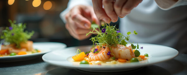Pro chef hands garnish gourmet seafood dish with fresh microgreens, edible flowers. Cook carefully plates elegant meal on white plate for upscale dining, food styling.