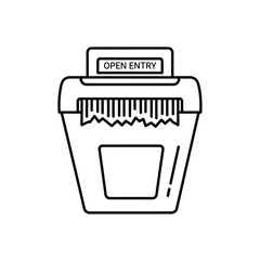 A simple black and white line drawing of a paper shredder with shredded paper coming out.