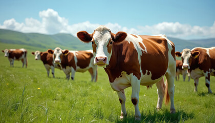 Brown and white cows graze in green pasture under blue sky. Cattle herd on farmland landscape with sunny day. Livestock farming scene represents rural life at countryside.