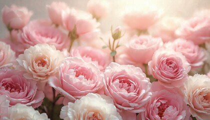 Close-up of many beautiful pink, white roses in bloom. Soft petals show natural beauty. Bright sunlight gently illuminates vibrant flower garden. Delicate blossoms create lovely spring scene perfect