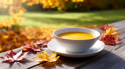 Bowl of vibrant pumpkin soup placed on wooden table surrounded by colorful autumn leaves, capturing the essence of seasonal warmth and comfort in a serene outdoor setting