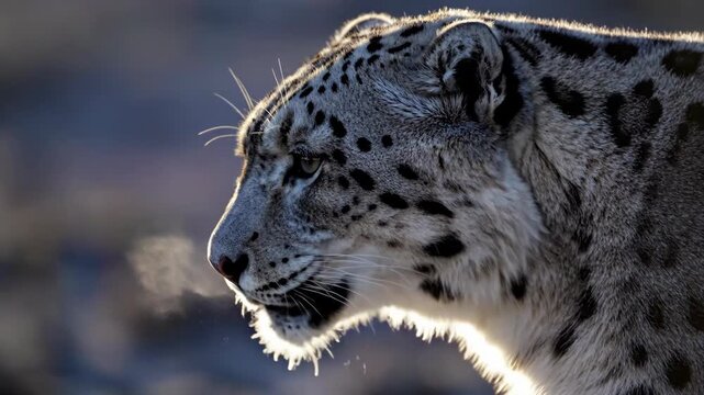 Close Up Profile Of A Snow Leopard Cat With White And Grey Fur And Black Spots Illuminated By Soft Golden Sunlight In A Winter Landscape During Daytime