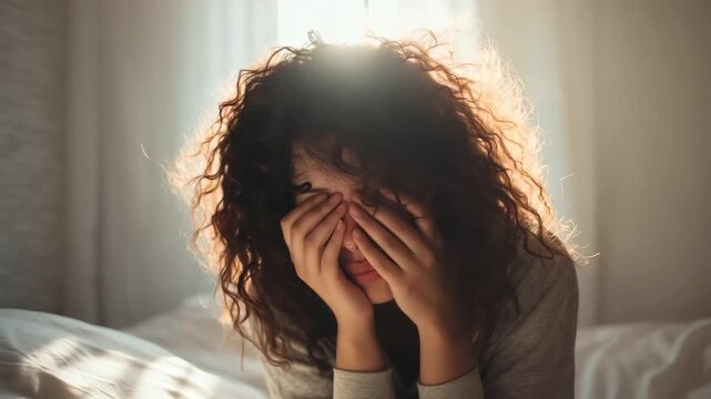 A curly-haired woman sits slumped on her bed, hands covering her face in frustration or sadness. The bright, calm setting contrasts with her inner turmoil, conveying depression, lo