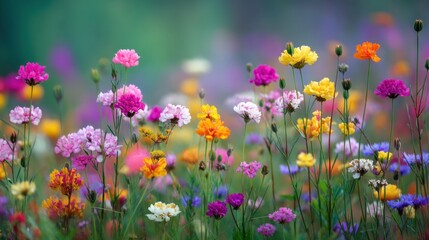 Obraz premium A field filled with wildflowers showcases a variety of colors including pink purple yellow and orange. Morning light enhances the beauty of nature creating a serene spring scene.