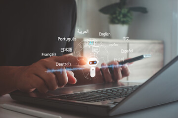 Person activating AI assistant translator via voice interface on smartphone device, recognition and translation multiple languages in real time. Voice AI assistant interface with soundwave and chatbot