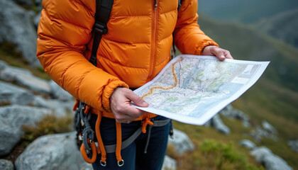 Person in bright orange puffy jacket holds detailed map for new adventure. Hiker plans mountain route, navigating rugged rocky terrain. Climber explores vast wilderness. Preparing for challenging