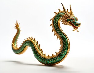 Fototapeta premium Golden dragon serpent statue with green scales and ornate details. Mythical creature sculpture on white background, isolated art object. Fantasy asian symbol, powerful spirit.