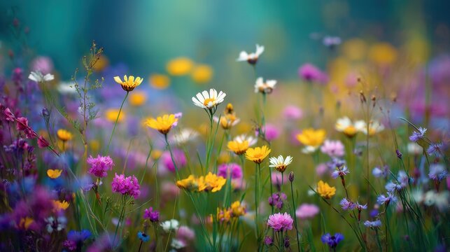 A variety of wildflowers flourish in a sunny meadow showcasing vibrant colors including yellow pink and white. Bees and butterflies are seen enjoying the blossoms in spring. - Powered by Adobe
