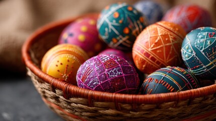 Brightly colored eggs with intricate designs rest in a shallow woven basket creating a festive atmosphere for a seasonal celebration or holiday.
