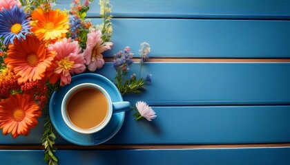 vibrant flowers and a warm drink on a blue cafe table