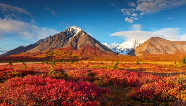 alaska denali national park meadows tundra fields glowing red and gold under towering peak