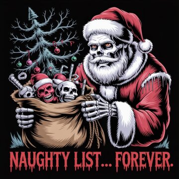 Macabre Santa Claus With Bag Full Of Skulls And Christmas Tree