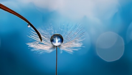 a water droplet reflecting a miniature world perched delicately on a dandelion seed head