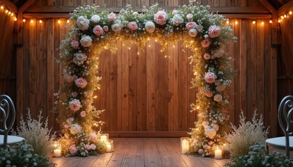 Rustic wedding arch decorated with pink, white roses, green plants, fairy lights. Candles, sparse foliage surround wooden structure, creating warm, romantic atmosphere for outdoor celebration.
