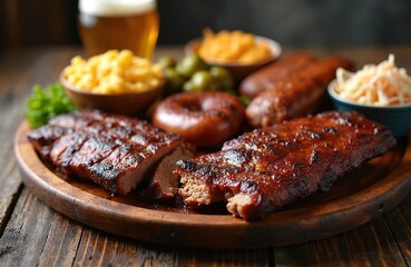 Grilled pork ribs, sausages fill rustic BBQ platter. Creamy mac, cheese, crunchy coleslaw, tangy pickles classic sides. Fresh parsley adds garnish. Tall glass of cold beer perfectly complements