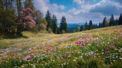 A vibrant meadow filled with blooming wildflowers of various colors stretches across the landscape. Lush trees and distant mountains create a peaceful spring scene bathed in natural light.