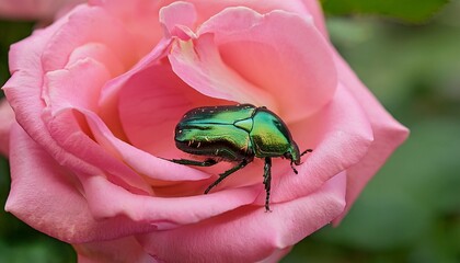 a vibrant green beetle rests within the delicate unfurling petals of a pink rose