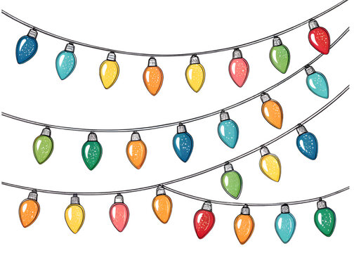Colorful hand-drawn festive string lights in multiple rows on a white background with various bulb colors and simple holiday design