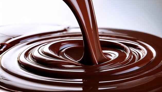 close up shot of dark melted chocolate being poured creating a swirling pattern on a surface of more melted chocolate
