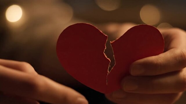 Hands holding a broken red paper heart, symbolizing love and loss