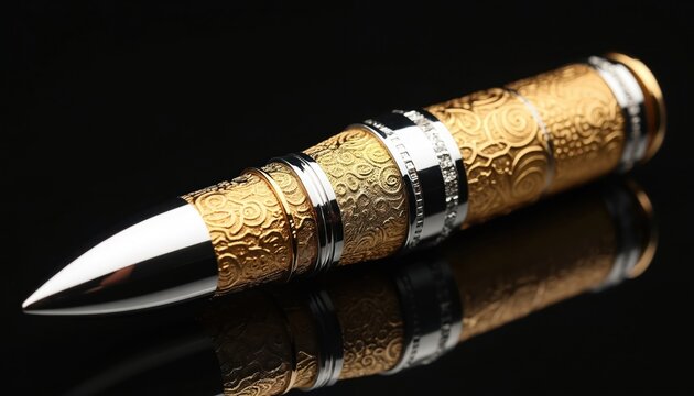 Luxurious gold and silver bullet shaped pen. Object features detailed craftsmanship elegant design with ornate patterns. It is shiny reflective on black background. Macro photo of exquisite details.