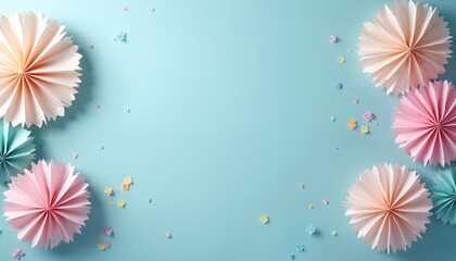 Decorative background of pastel paper decorations. Pink teal and beige flowers lie on light blue backdrop. Colorful confetti scattered around. Suitable design for events celebrations