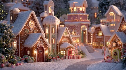 Fototapeta premium Magical gingerbread village glows with warm holiday lights under a soft, snowy winter evening