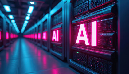 Futuristic server room with computer racks lines long corridor. Bright pink glowing AI logos signify advanced data tech. Digital infrastructure represents modern computing power, processing