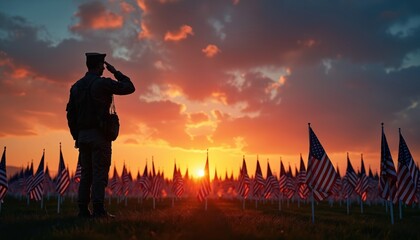 Soldier salutes at sunrise surrounded by flags. Man honors fallen heroes. Patriotic event on Memorial Day. Veteran shows respect and rememberance in uniform on US national holiday. USA armed forces.