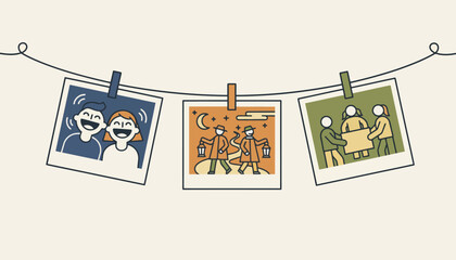 A string of photos clipped on twine across the room capturing moments of laughter latenight adventures and shared experiences.