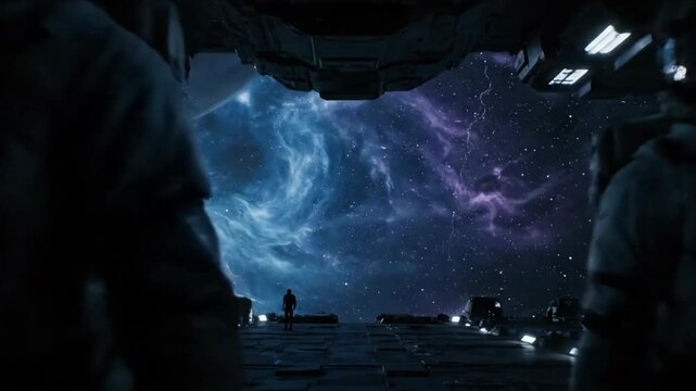 Two astronauts in spacesuits on metallic platform amid cosmic lightning. Sci-fi space exploration with nebula background. Futuristic adventure footage