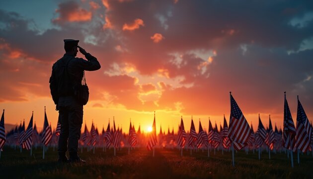 Soldier salutes at sunrise surrounded by flags. Man honors fallen heroes. Patriotic event on Memorial Day. Veteran shows respect and rememberance in uniform on US national holiday. USA armed forces.