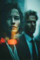 Portrait of two individuals in formal clothing during evening hours in an urban setting with reflections and city lights