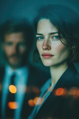 Woman with short hair looks thoughtfully at the camera while a man stands blurred in the background during evening hours in a city