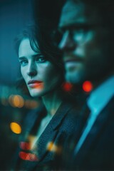 People look through a window at night in a city with lights and reflections while wearing formal clothing and focusing on something