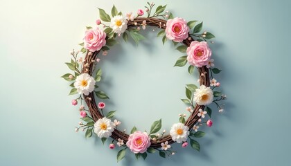 Spring floral wreath displays pastel pink roses, white delicate blooms, fresh green foliage. Natural brown twigs create elegant circular frame. Rests on soft light blue background. Image perfect for