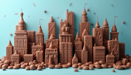 Chocolate cityscape illustration features buildings crafted from chocolate. Delicious sweet structures stand against pastel blue backdrop. Confectionery art shows sweets, treats. Dessert scene