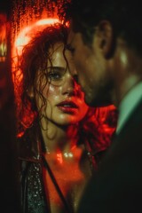 Intense moment between two people in a dimly lit room during the night