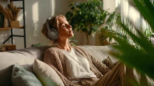 In a bright and airy living room, a woman listens to music with noise-canceling headphones, fully immersed in the moment. Surrounded by soft furnishings and greenery, she embodies