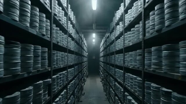 Tracking shot through archive shelves of unlabeled film canisters. Cinematic storage of vintage movie reels in dimly lit room. Archival footage for film preservation and cinema history